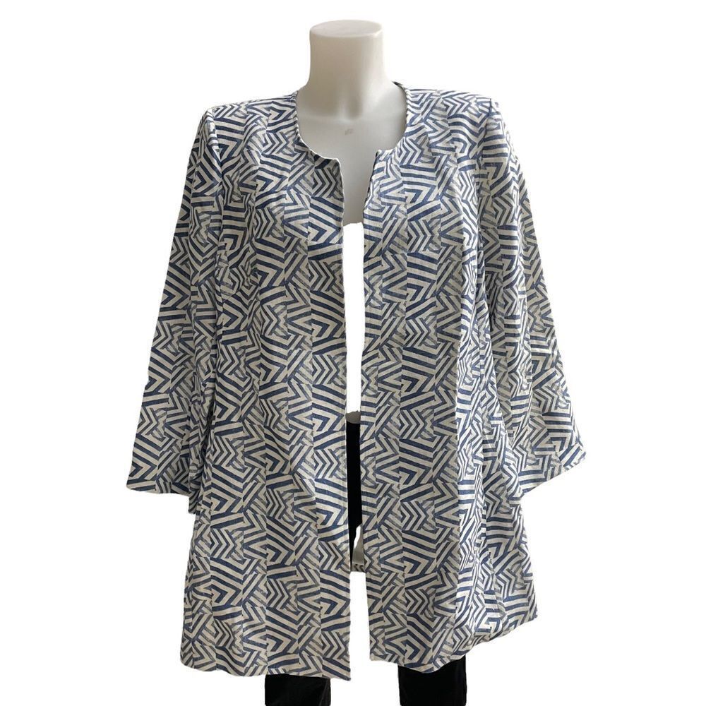 3 SISTERS BLUE ARROW AZTEC PRINT OPEN‎ FRONT BLAZER / COAT 100% LINEN SZ L NEW!